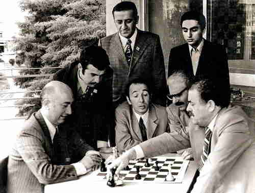 20.XVIII Congress of Chess Composition in Tbilisi, 1975. From the left: V.Kalandadze, D.Gurgenidze, D.Makhatadze, V.Neidze, R.Tavariani, G.Nadareishvili 
